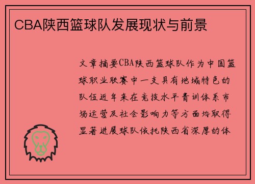 CBA陕西篮球队发展现状与前景